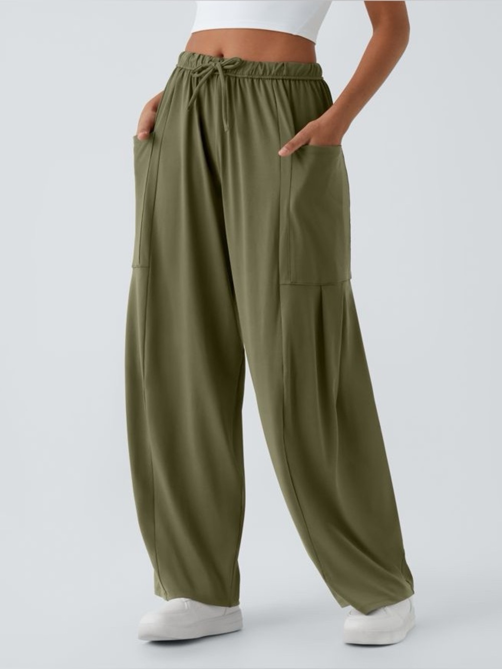 Halara Mid Rise Drawstring Palazzo Pants Wide Leg Flowy Olive Green M